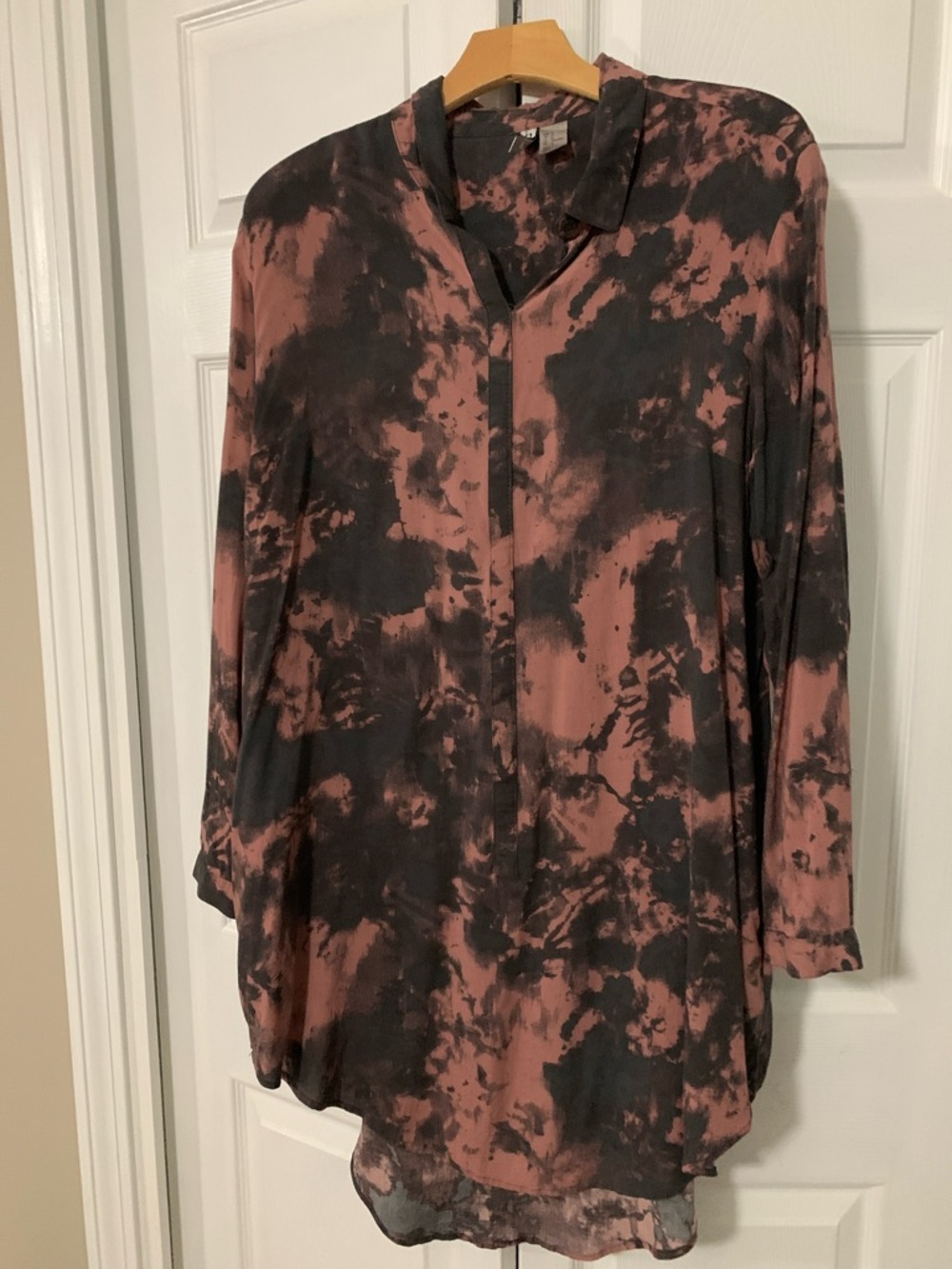 Divided Brown and Charcoal Tie-Dye Button-Up Tunic